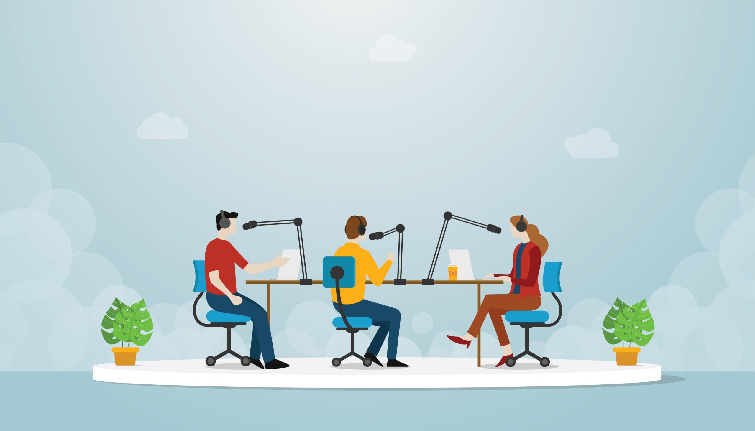 Illustration of three people sitting at a desk with microphones and headphones, engaged in an online recording session. The light blue background with clouds sets a serene scene, while green plants decorate each side of the desk, adding a fresh touch to the digital ambiance.