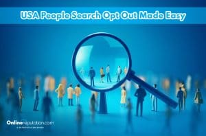 A magnifying glass focused on figurines of people in varying colors on a blue-toned background, with text at the top reading "USA people search opt out made easy.