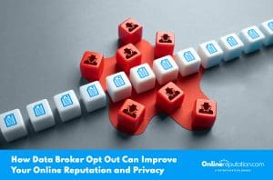 Red and white cubes featuring document and shield icons are scattered across a cross-shaped red background. The text reads: "Discover how using data broker opt out strategies can enhance your online reputation and privacy.