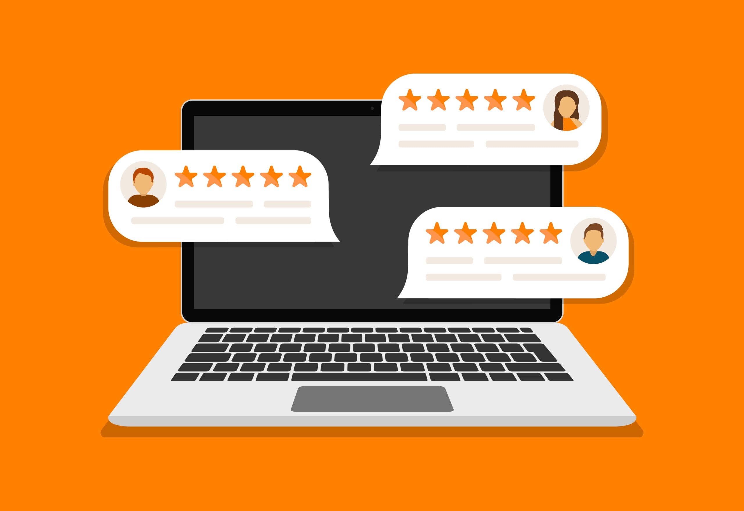 An illustration of a laptop with three chat bubbles displaying star ratings and profile icons against an orange background. Each bubble shows a five-star review with abstract user profiles.